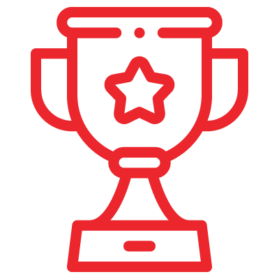 A red line-art image of a trophy with a star in the middle